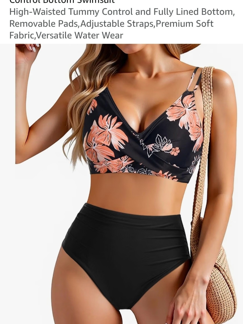 High-Waist Floral Bikini Set - Black with Peach Floral